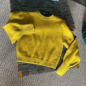 Simons (S) ultra-soft pullover sweater with sleeve detail, deep mustard yellow.